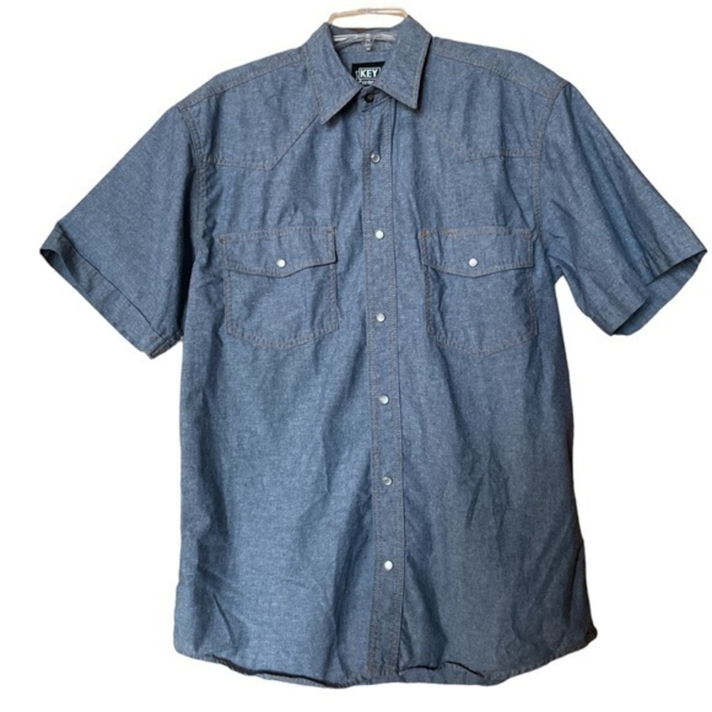 Key Men’s Western Pearl Snap Denim Shirt Pockets SS Cotton Cowboy Rodeo Size XL